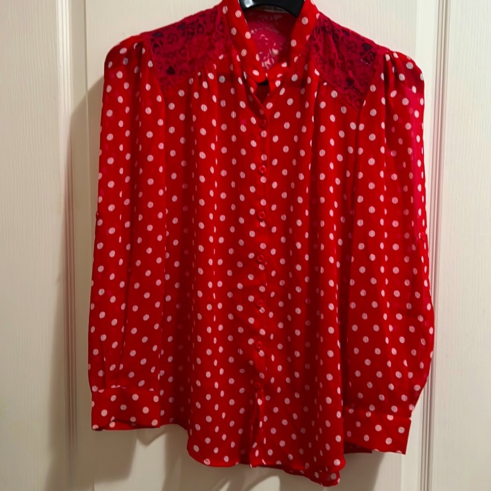 Red polka dot design chiffon georgette. Office casual party top.